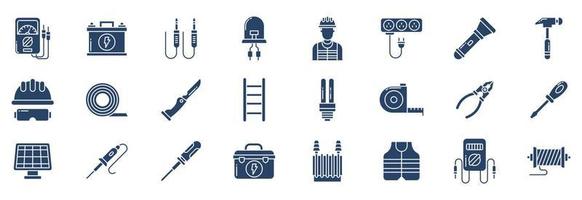 Collection of icons related to Electrician, including icons like Ammeter, Battery, Cable, Diode and more. vector illustrations, Pixel Perfect set