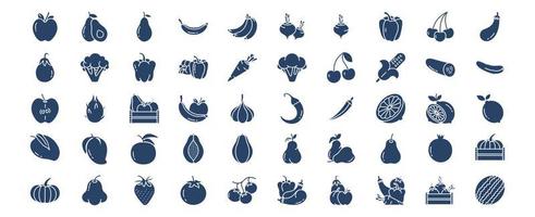 Collection of icons related to Fruits and Vegetables, including icons like Apple, Avocado, Banana, Carrot and more. vector illustrations, Pixel Perfect set