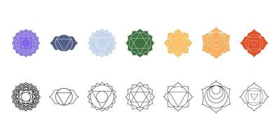 Seven chakras vector icons set. Color and black and white symbols of energetic yogi centers.