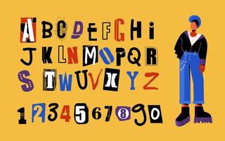 Alphabet in punk style. Colored letters and numbers are hand-drawn. Male rocker with mohawk vector