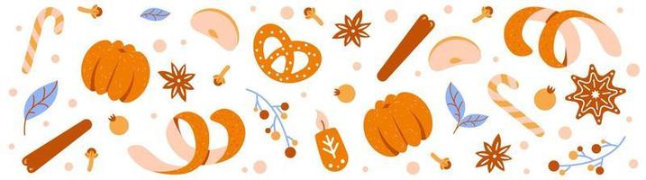 pancarta horizontal de navidad. mandarina aislada, naranja, galletas y especias. patrón para embalaje vector