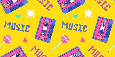 Seamless pattern of the 90s, 80s. Retro cassette, music, lollipop, sucking candy and pixels. 8 bit letters vector