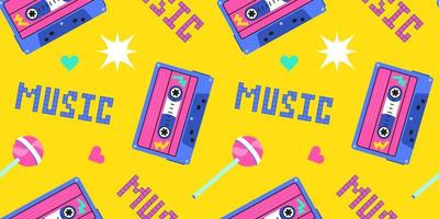 Seamless pattern of the 90s, 80s. Retro cassette, music, lollipop, sucking candy and pixels. 8 bit letters vector