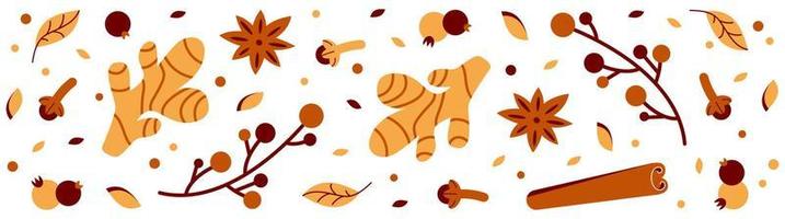 Horizontal eco banner with spices. Ingredients for ginger cookies. Ginger, cinnamon, cardamom, anise vector