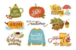 Autumn cozy sticker set with lettering. Pumpkin, sweater, harvest, yellow leaves, leaf fall, boots, acorn, mushroom on a white background vector