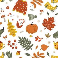 Seamless autumn pattern with sweater, hat, pumpkin and yellow leaves. Fabric print on a white background. vector