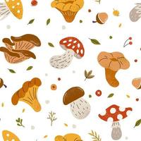 patrón de otoño sin costuras con champiñones, bellotas, hojas. agárico de mosca, boletus y hojas caen sobre un fondo blanco. vector