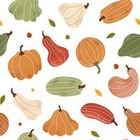 patrón de otoño sin costuras con calabazas, calabazas, calabacines. un mosaico de la cosecha para halloween. Fondo blanco vector