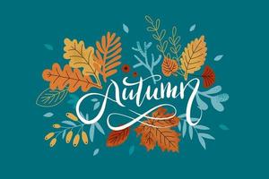 Autumn cozy sticker set with lettering. Pumpkin, sweater, harvest, yellow leaves, leaf fall, boots, acorn, mushroom on turquoise background vector