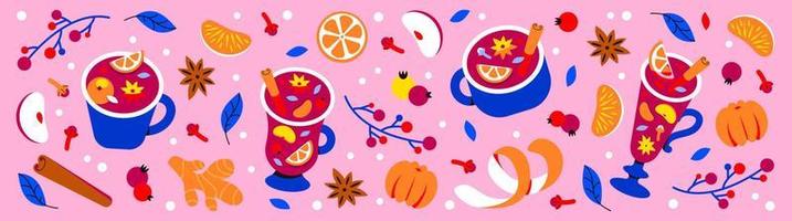 Horizontal banner with hot winter drinks. christmas pattern with mulled wine and spices vector