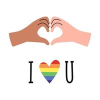 The hands and fingers show a heart. Rainbow LGBT flag. Love pride. Vector illustration on a white background