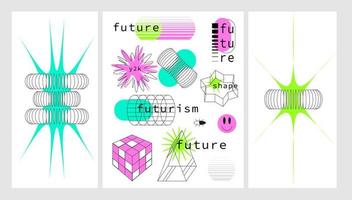 A set strange warframe futurism 3d . Futuristic geometric shapes geometric in style cyberpunk. Acidic y2k objects vector