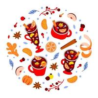 A set of fruit drinks with spices. Winter seasonal hot drinks with fruit. Mulled wine in a mug vector