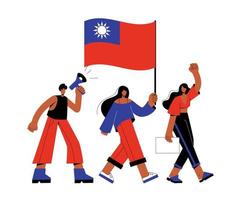 Men and women carry the flag of Taiwan and protest. People are shouting into a megaphone and demanding rights. Recognition and independence vector