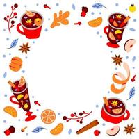 WebTemplate with drinks and spices. Frame of hot drinks with fruit. Mulled wine, grog, punch, sangria vector