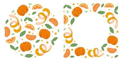 A set of templates made of tangerines and oranges. Citrus circle and a frame for the layout. Peeled tangerine and slices vector