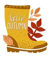 Autumn yellow rubber boots on a white background. Lettering Hello autumn. Leaf fall and fall weather. waterproof shoes