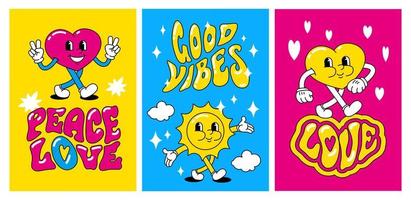 un conjunto de postales retro brillantes al estilo hippie. el corazón y el sol de los personajes de dibujos animados están sonriendo. paz y amor, buenas vibraciones vector