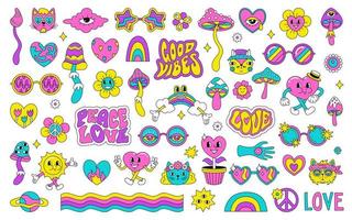 A set of bright children's stickers in the hippie style of the 60s, 70s. Psychedelic acid drawings. Girl patches vector