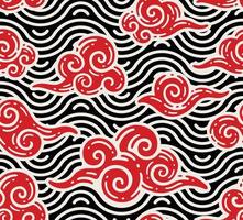 seamless pattern of red clouds with sea ornament in doodle vintage style vector