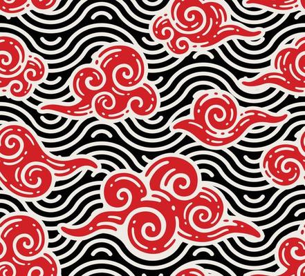 seamless pattern of red clouds with sea ornament in doodle vintage style