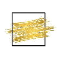 Gold brush stroke with sparkles in black square frame isolated on white. Modern abstract background. Metallic gradient paint texture. Creative vector template for your design projects.