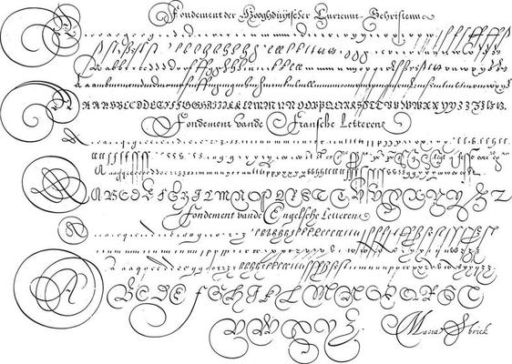 Examples of the High German, French and English letter, Hans Strick, vintage illustration.