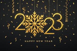 feliz año nuevo 2023. colgando números metálicos dorados 2023 con copos de nieve brillantes y confeti sobre fondo negro. tarjeta de felicitación de año nuevo o plantilla de banner. decoración navideña. ilustración vectorial vector