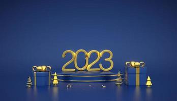 Happy New 2023 Year. 3D Golden metallic numbers 2023 on blue stage podium. Scene, round platform with gift boxes and golden metallic pine, spruce trees on blue background. Vector illustration.