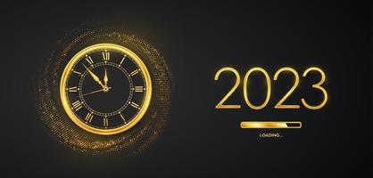 Happy New Year 2023. Golden metallic numbers 2023, gold watch with Roman numeral and countdown midnight with loading bar on shimmering background. Bursting backdrop with glitters. Vector illustration.