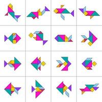 Tangram puzzle. Set of tangram Fish. Jigsaw for kids. Vector set. Vector illustration