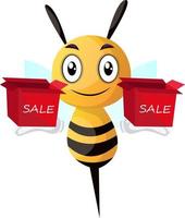 Bee holding two sale boxes, illustration, vector on white background.