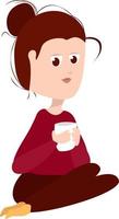 Woman at home drinking tea, illustration, vector on white background