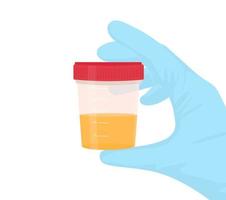 Urine container for analysis in the hand with a medical glove. Healthcare and medicine concept. Vector illustration