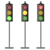 Traffic lights post Set in cartoon style. Red light above green and yellow in between. Colorful vector illustration isolated on white background.