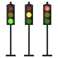 Traffic lights post. Night set in cartoon style. Red light above green and yellow in between. Colorful vector illustration isolated on white background.