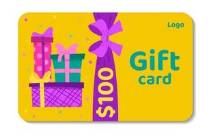 Colorful gift voucher with pile of presents boxes and a bow. Loyalty program, customer gift reward bonus card. Template for gift coupon, certificate, invitation, ticket or banners. Vector
