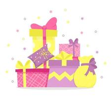 Big pile of colorful wrapped gift boxes with bows. Boxes in wrapping paper different shapes and sizes. Mountain gifts set. Celebrating holidays, giving presents at event. Vector illustration