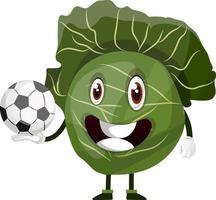 Cabbage is holding a soccer ball, illustration, vector on white background.