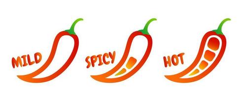 Vector illustration of chilli pepper in different levels. Vector set icons of red chili pepper. Sweet, middle and hot chilli sauce.
