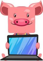 Pig with lap top, illustration, vector on white background.