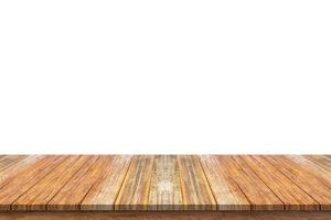 Empty wooden table top isolated on white background for product display photo
