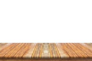 Empty wooden table top isolated on white background for product display photo