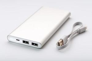 Powerbank for charging mobile devices with cable, on a white background. photo