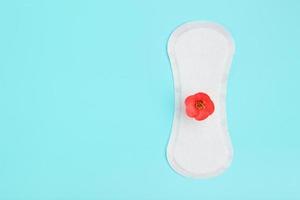 Sanitary pad on a blue background with a red flower. Free space. photo