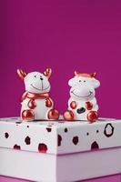 A pair of cow and bull figurines on a gift box on a pink background, with free space. photo