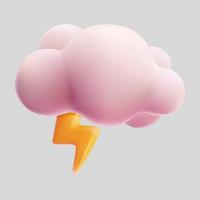 Trueno 3d con representación vectorial de estilo de dibujos animados de nube rosa pastel vector