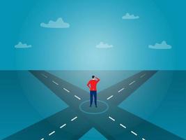 Businessman Standing on the Crossroads for Decision Which Way to the future. Bifurcated road. Abstract vector illustration.