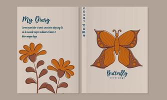 nature page cover set.Botanical floral and butterfly design element for notebook planner, book, catalog,brochure. Decorative page background exotic flower, hand drawn scribble vector