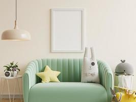 Mockup frame in the children's room with green sofa on wall white background. 3D illustration rendering photo
